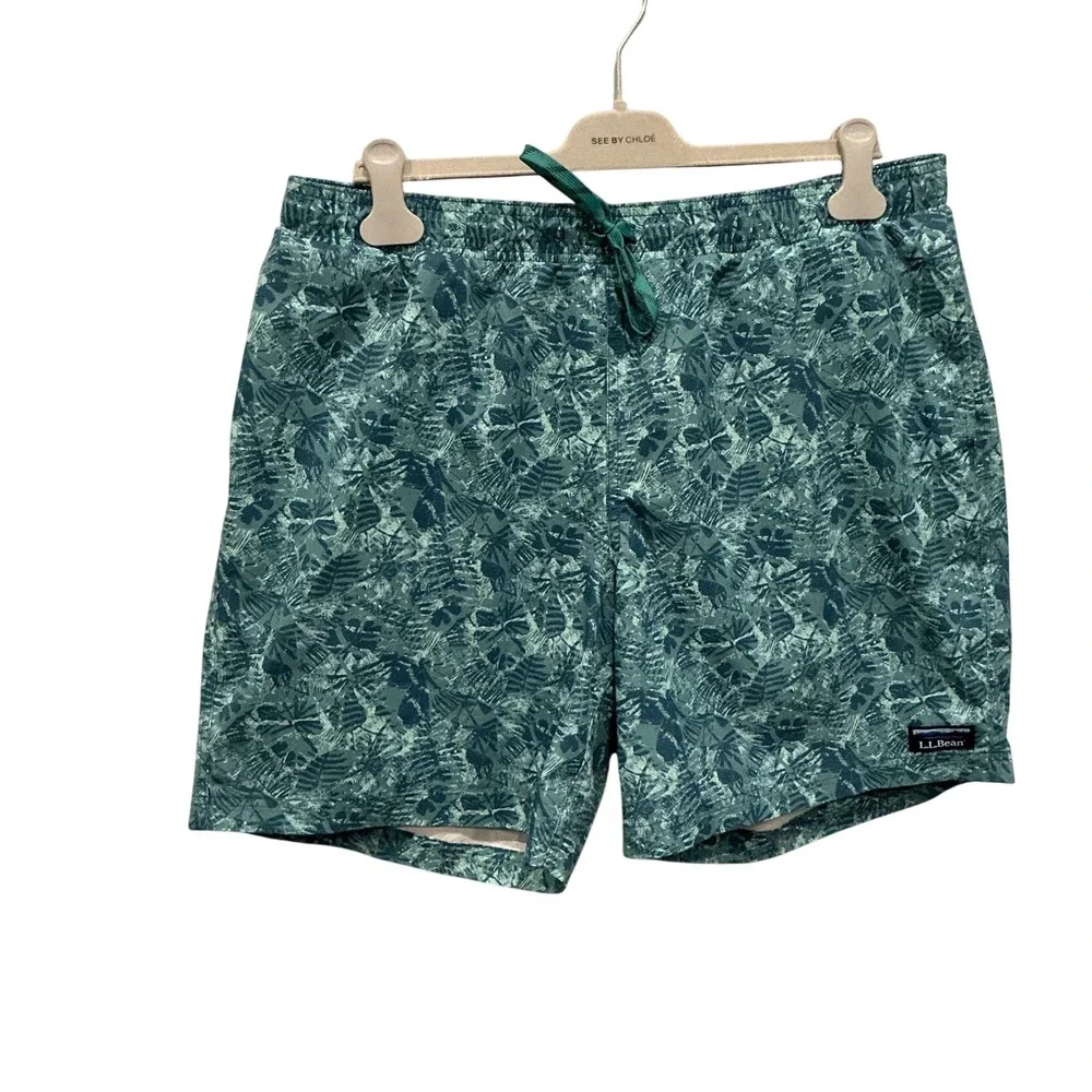 LL‎ Bean Mens Vacationland Stretch Swim Trunks Teal Green Leaf Beach Shorts XL